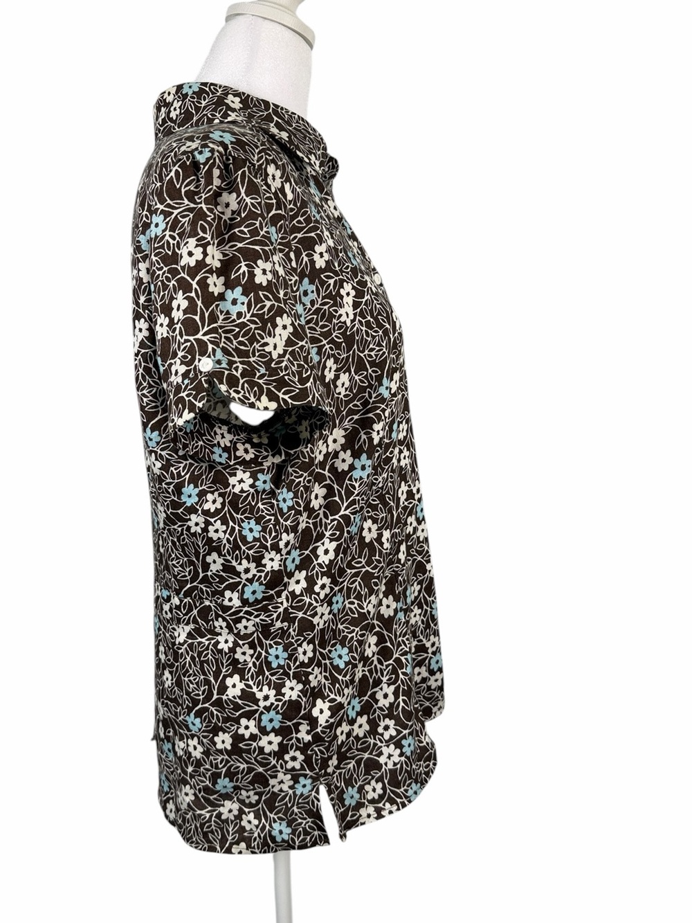 Kim Rogers Brown Linen blue& white Floral Button-Up Shirt Size M Casual chic - Picture 4 of 11